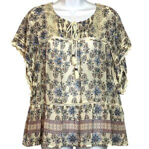Daniel Rainn Floral Lace Trim Blouse Large Cream/Blue Boho Top With Tassels &